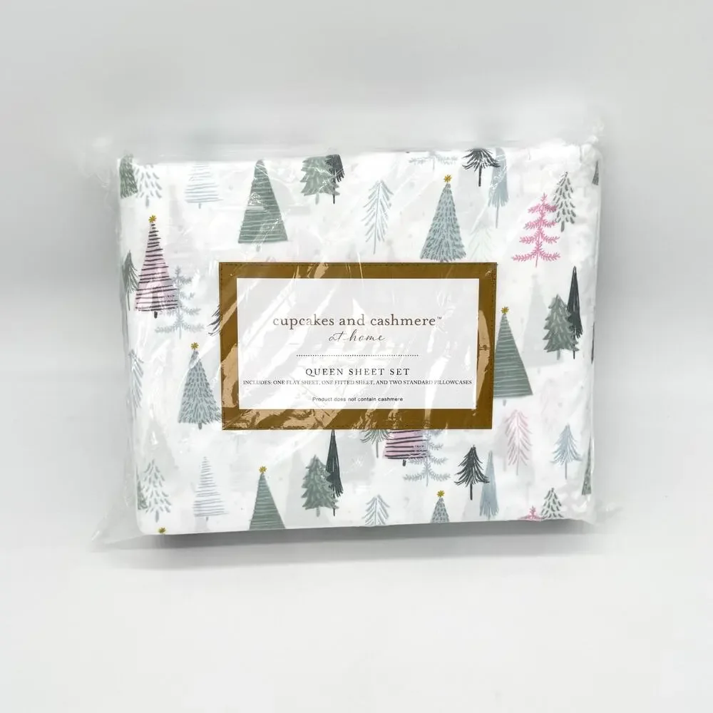 Cupcakes & Cashmere Amsterdamn Trees Pastel Christmas Tree QUEEN Sheet Set NEW